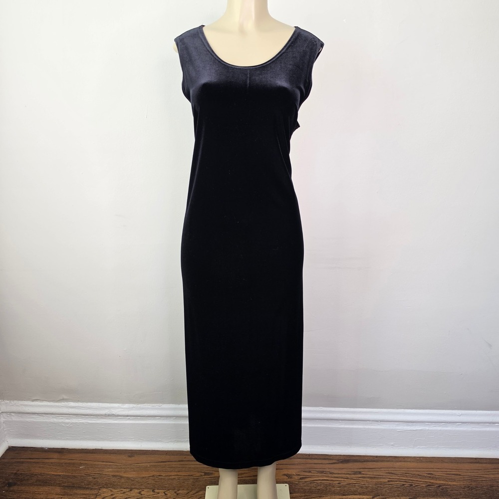 August Max Woman Dress 1X Black Velvet Sleeveless Scoop Neck Maxi Column 90s